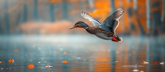 Canvas Print - Mallard Duck in Flight Over Autumnal Pond