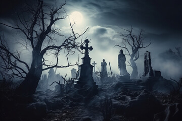 Wall Mural - AI generated image of a mysterious dark cemetery at halloween night