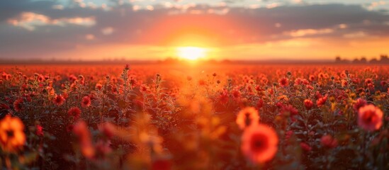 Poster - Sunset Over a Field of Red Flowers