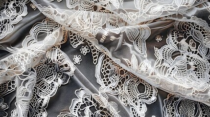 Wall Mural - Elegant white lace fabric with intricate floral patterns, highlighting refined craftsmanship and texture.

