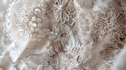 Delicate beige lace with intricate floral patterns, showcasing traditional textile craftsmanship