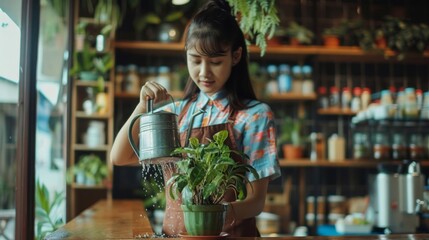 Sticker - Portrait photo young women watering a small green plant in a pot at coffee shop, AI Generative