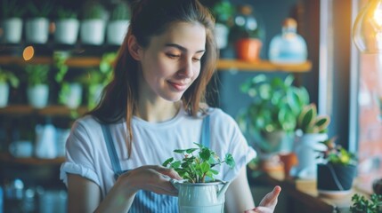 Sticker - Portrait photo young women watering a small green plant in a pot at coffee shop, AI Generative