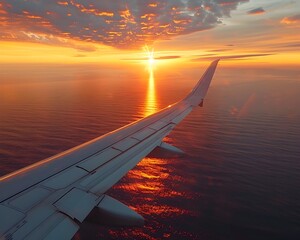 Poster - Airplane Wing View Over Stunning Sunrise Reflecting on Serene Ocean Landscape