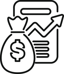 Poster - line art icon of a smartphone displaying financial success with a growing arrow chart and a money ba