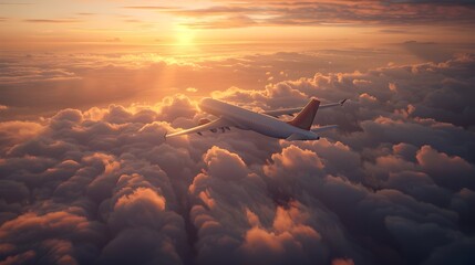 Canvas Print - Airplane Cruising Above Serene Clouds at Mesmerizing Sunset Sunrise Scenery