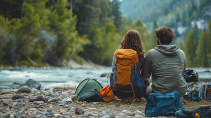 Wall Mural - Relaxing day outdoor, a couple is enjoying a bivouac day near the river, they are contemplating the view, canon EOS 5D mark IV photography, AI Generative