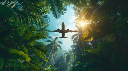 Poster - Airplane Cruising Above Lush Tropical Rainforest with Expansive Clear Blue Sky