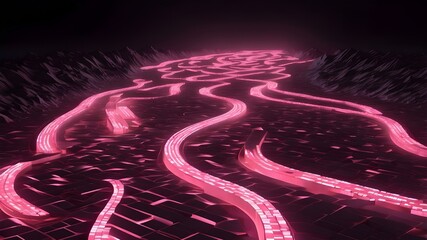 Wall Mural - Digital road lit up by a binary code matrix in pink. Digitally isolated meandering road set against a dark dark backdrop.