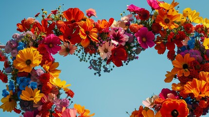 Poster - Close-up of a heart formed by vivid flowers, with petals in a range of hues, set against a clear sky