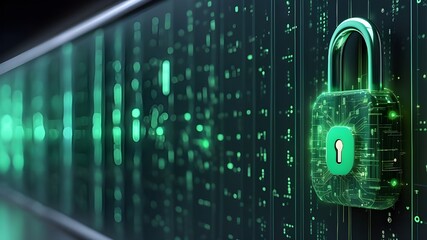 Artificial Intelligence (AI) in cybersecurity protocols, encryption algorithms, access control systems, and green digital padlocks with luminous binary code