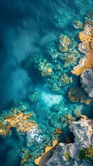 Poster - Aerial Drone Captures Vibrant Coral Reef Ecosystem with Colorful Marine Life in Serene Blue Waters