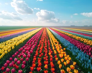 Canvas Print - Colorful Tulip Field Stretching to the Horizon Captured by Drone Aerial View