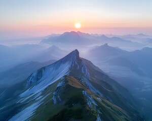 Canvas Print - Majestic Mountain Range at Serene Sunrise or Sunset Ethereal Landscape Panorama with Dramatic Peaks