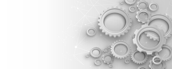 Fototapete - Technology background of gears, cogs and network connection structure elements