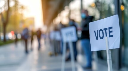 People lining up to vote outside a polling place, civic duty