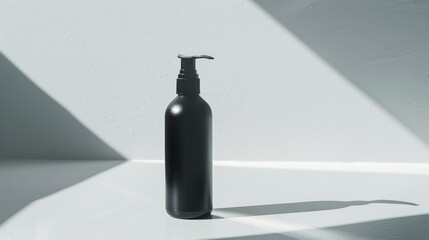 Canvas Print - Elegant black cosmetic bottle with pump displayed on white surface, casting beautiful shadows. Ideal for showcasing luxurious beauty and care products with a minimalist design