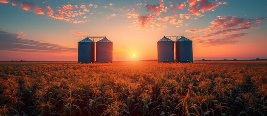 Poster - Sunset Over a Cornfield with Silos