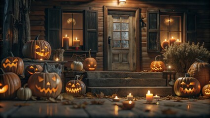 Canvas Print - halloween pumpkin dark wood house