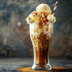 Wall Mural - Refreshing Vanilla Ice Cream Float with Root Beer and Striped Straw  Classic Summertime Dessert Delight