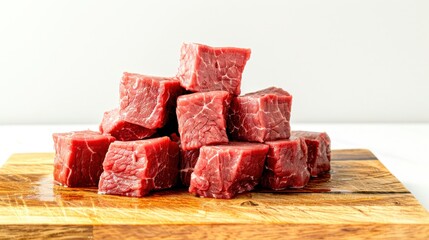 Wall Mural - Tender, freshly cut beef cubes showcase rich marbling on a warm wooden surface, ready for culinary creations