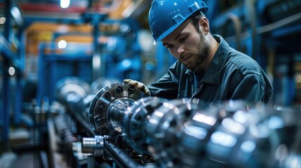 a worker replacing worn-out parts in a factory machine, emphasizing industrial upkeep