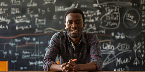 A portrait of a smiling African man sitting in front of a chalkboard filled with writing. He looks confident and happy.