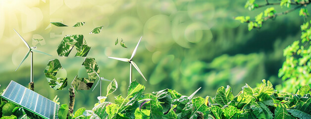 renewable energy and sustainability poster background with solar panels wind mills and closeup of green plant leaves   