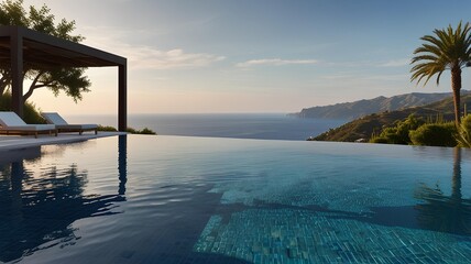 Wall Mural - large swimming pool in luxurious villa, Luxury modern hillside property with breathtaking sea views.