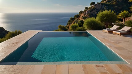 Wall Mural - large swimming pool in luxurious villa, Luxury modern hillside property with breathtaking sea views.