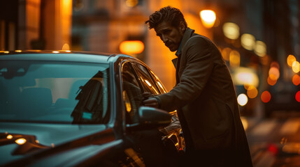 Man getting into parked car leaving work on way home, work-life balance