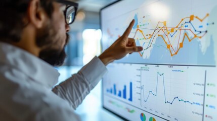 Poster - Businessperson pointing at a financial chart on a whiteboard, explaining investment trends and market analysis.