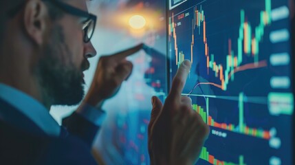 Poster - Businessperson pointing at a financial chart on a whiteboard, explaining investment trends and market analysis.