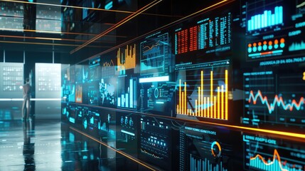 Poster - Charts and graphs on a modern office wall, symbolizing the integration of data visualization in investment strategies.