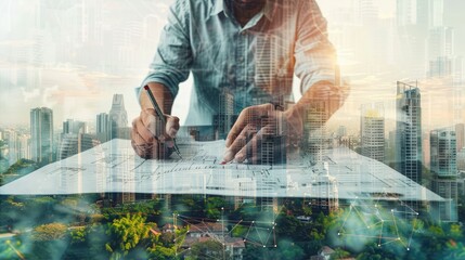 Poster - Double exposure of an architect drawing blueprints over a cityscape, symbolizing urban development and design.