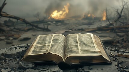 open bible in perfect condition amidst a burning scene.