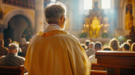 A solemn moment of a clergyman delivering a sermon during a service. A respectful image that highlights the preacher, the congregation, the worshipers and the church setting