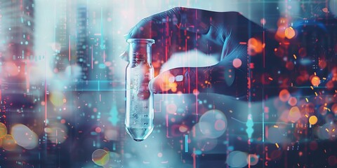 Wall Mural - double exposure of scientist hand holding laboratory test tube