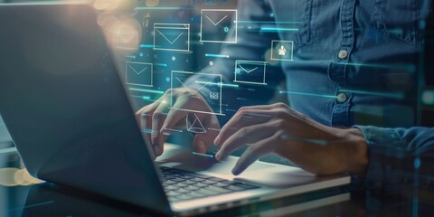 Fototapete - businessman working with laptop sending email on virtual screen, email marketing concept, sending mass e-mails or digital newsletter to manage relationship with customers