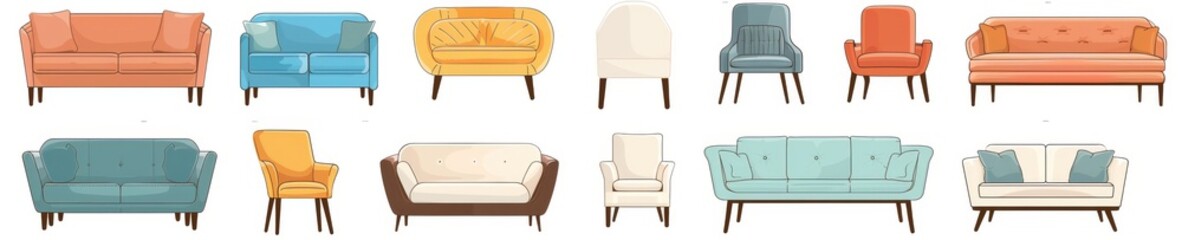 Modern flat illustration of a set of trendy sofas, chairs, armchairs, couches with cushions in retro Mid Century Modern style. Scandinavian living room furniture collection.