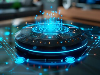 Poster - futuristic assistant device projecting holographic smart home control interface