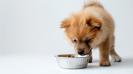 A fluffy puppy eagerly munches on its food, filling the room with joy and cuteness in a cozy indoor setting