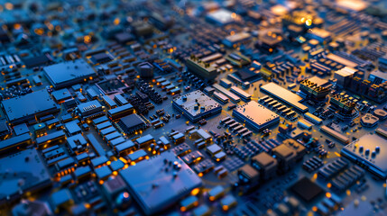 Poster - Abstract macro shot of a circuit board with glowing lights.