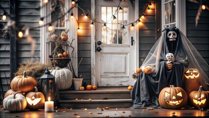 Wall Mural - halloween pumpkin lantern house with ghost