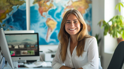 Smiling woman travel agent at modern work