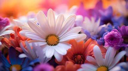 Sticker - Close-Up Of Vibrant Multi-Colored Flowers With Focus On White Daisy