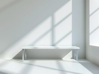 Poster - modern minimalist white table with sleek metal legs in bright studio setting