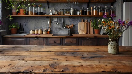 Poster - Rustic Wooden Table in Cozy Kitchen for Displaying Homemade Products and Crafts