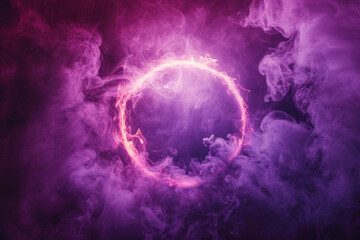 A mesmerizing ring of pink fire encircled by swirling purple smoke, set against a deep, atmospheric background, creating a sense of ethereal magic and mystery.