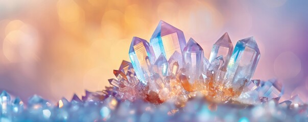Poster - Macro Image of Sparkling Quartz Crystal Cluster with Iridescent Reflections